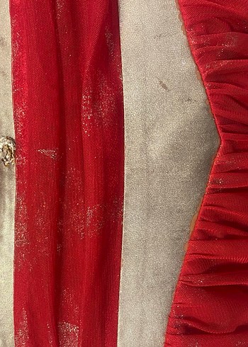 Kırmızı  ince askılı Uzun Hint Desenli abiye - Görsel 8