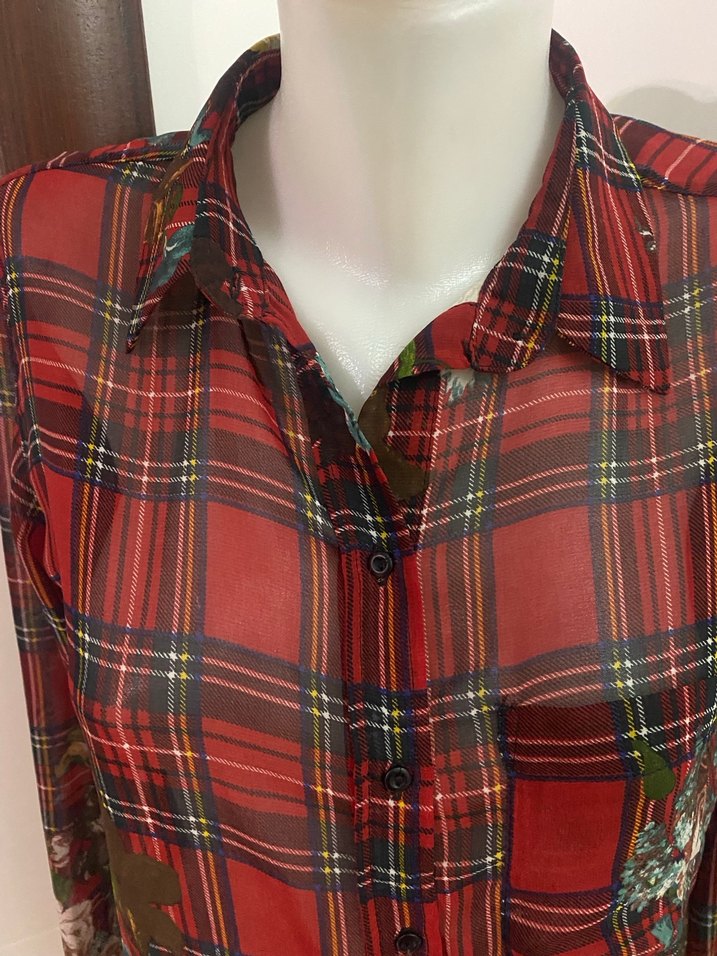 Kadın Kırmızı ekoseli şifon gömlek# Mango - Görsel 4