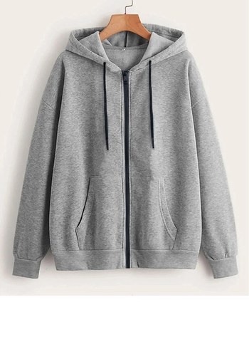 Gri Kapüşonlu Fermuarlı Kadın Sweatshirt