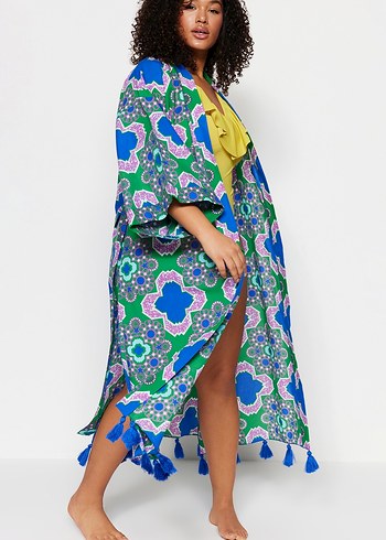 Uzun, bol kesim, bağlama desenli kadın kimono - Görsel 2