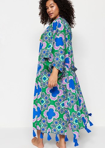 Uzun, bol kesim, bağlama desenli kadın kimono - Görsel 5