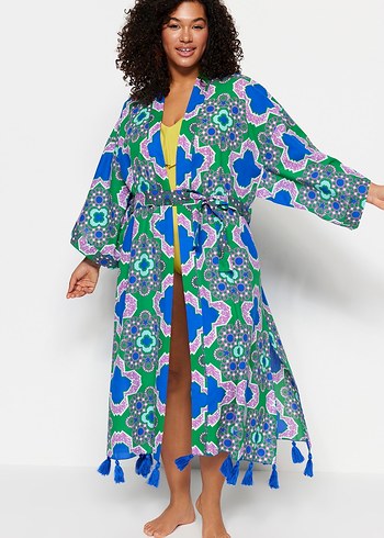 Uzun, bol kesim, bağlama desenli kadın kimono - Görsel 4