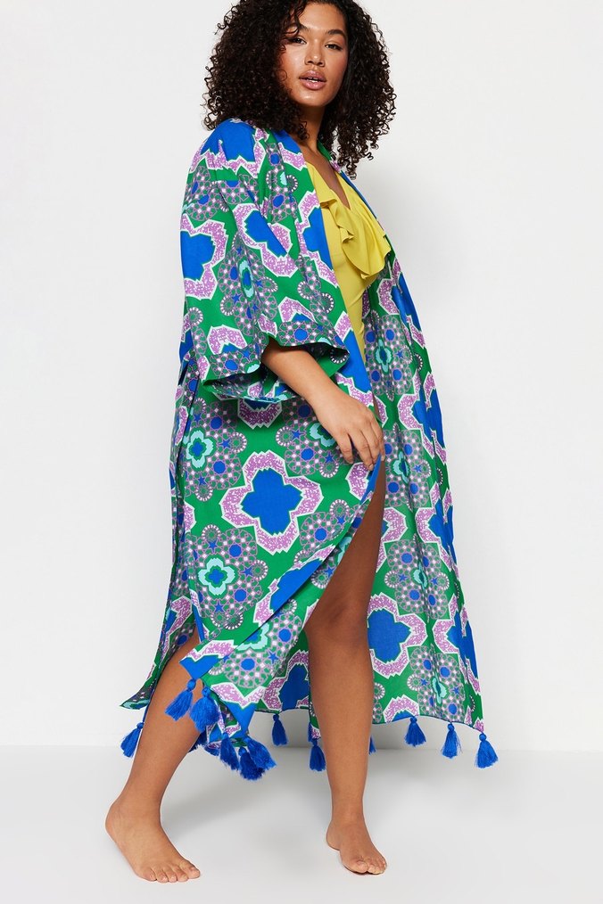 Uzun, bol kesim, bağlama desenli kadın kimono - Görsel 2