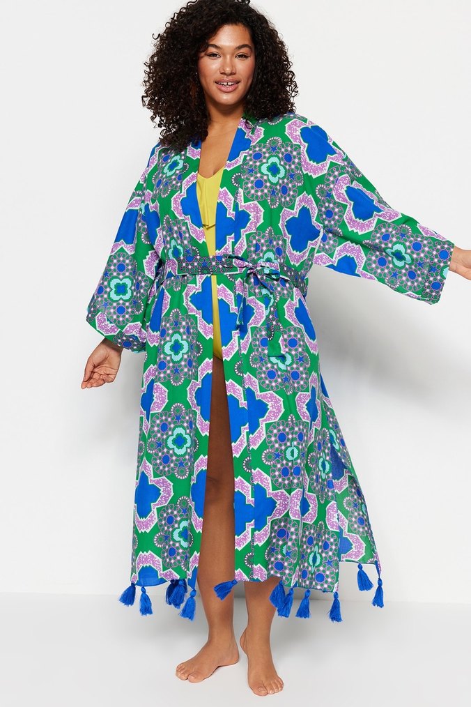 Uzun, bol kesim, bağlama desenli kadın kimono - Görsel 4