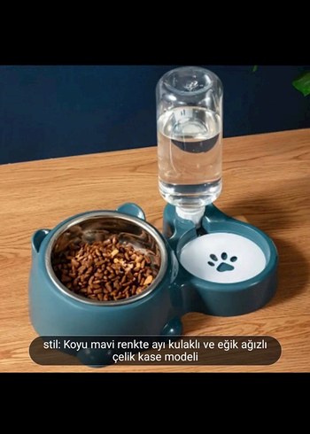 Koyu Mavi Ayı Kulaklı Çelik Kedi Mama Kabı