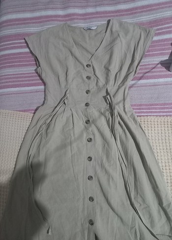 LC Waikiki Bej Keten Midi Elbise Düğmeli V Yaka