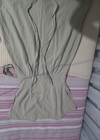 m Beden Bej Keten Midi Elbise Düğmeli V Yaka