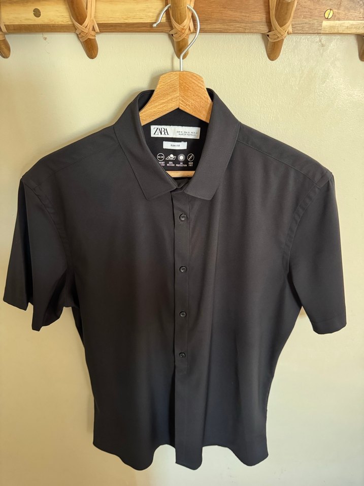 ZARA, Siyah Kısa Kollu Slim Fit Gömlek - Görsel 4