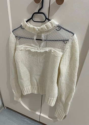 Yüksek Yakalı Beyaz Örgü Kadın Kazak - Görsel 2