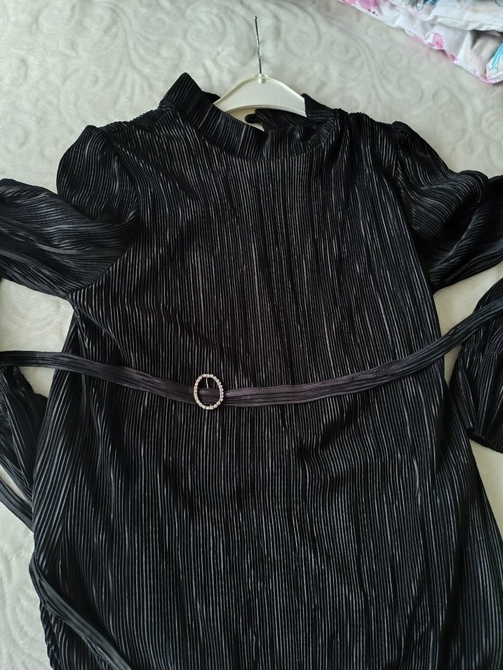 Uzun Siyah Piliseli Kadın Elbise - Görsel 3