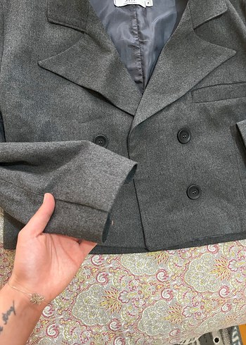 Düğmeli Gri Midi Boy Keten Ceket - Görsel 4