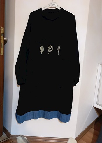 Siyah Baskılı Uzun Kollu Denim Tunik