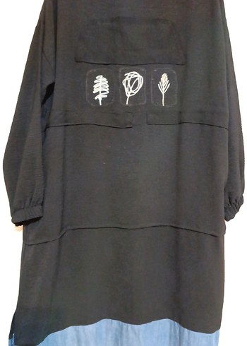 42 Beden Siyah Baskılı Uzun Kollu Denim Tunik