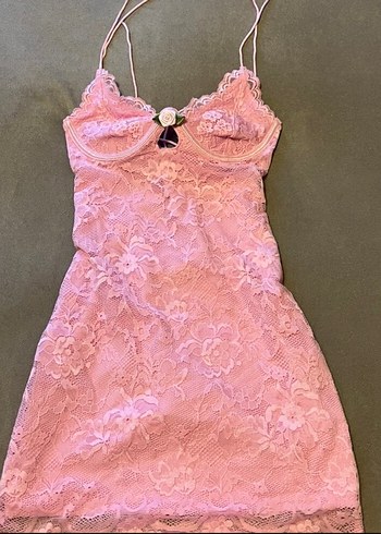 Bershka Romantik Pembe Dantel Mini Elbise Lolita