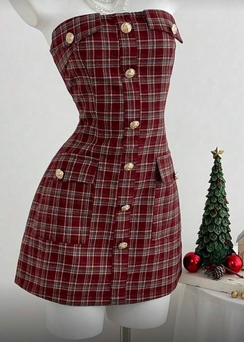Zara Kirmizi Ekose Straplez Mini Elbise