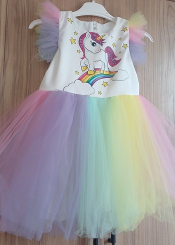 Kız Çocuk Unicorn Baskılı Renkli Tül Elbise