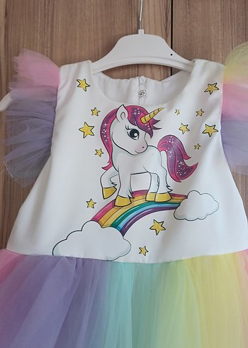 LC Waikiki Kız Çocuk Unicorn Baskılı Renkli Tül Elbise