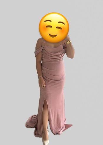 Abiye Pembe/Pudra Parlak Uzun Drapeli Abiye Elbise