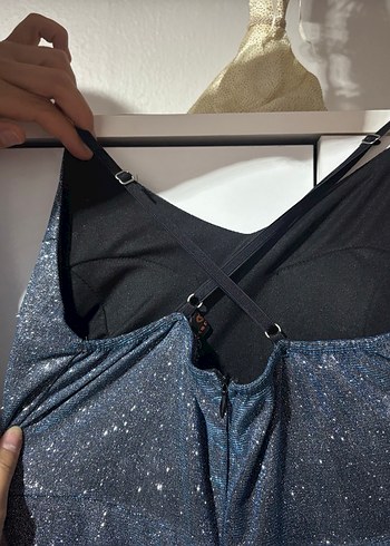 İnce Askılı Kısa Lacivert Kadın Abiye Elbise - Görsel 3