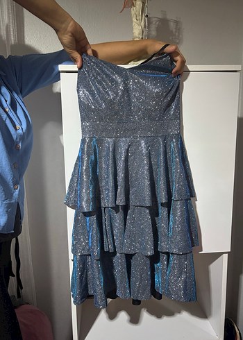 İnce Askılı Kısa Lacivert Kadın Abiye Elbise - Görsel 2