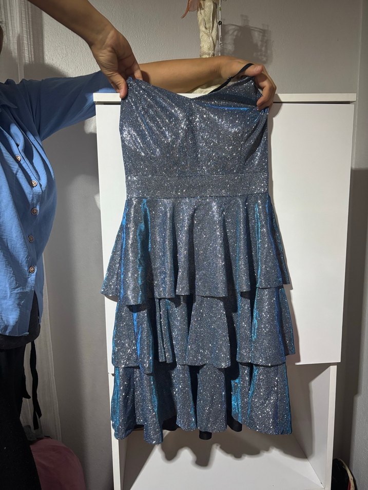 İnce Askılı Kısa Lacivert Kadın Abiye Elbise - Görsel 2