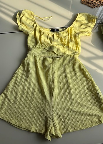 Sarı Keten Mini Tulum Fırfırlı - Görsel 3