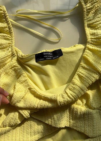 Sarı Keten Mini Tulum Fırfırlı - Görsel 2