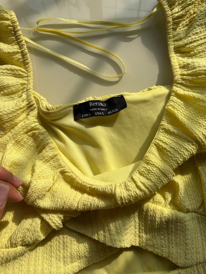 Sarı Keten Mini Tulum Fırfırlı - Görsel 2