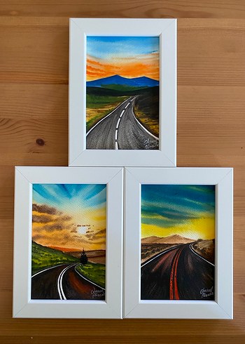 Suluboya çizimi 10*15 yol manzara üçlü set