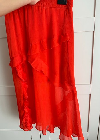 Twist Kırmızı Fırfırlı Uzun Kadın Etek - Görsel 4