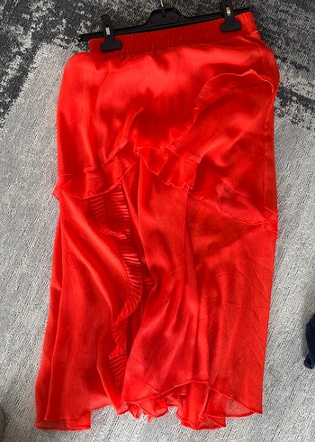Twist Kırmızı Fırfırlı Uzun Kadın Etek - Görsel 8
