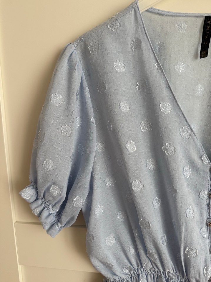 Mavi V Yaka Kısa Kollu Düğmeli Bluz - Görsel 5