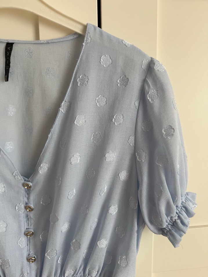 Mavi V Yaka Kısa Kollu Düğmeli Bluz - Görsel 3