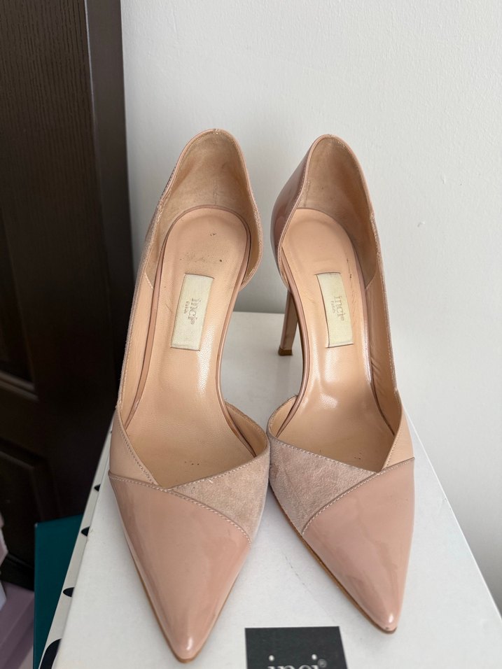 Bej Süet ve Rugan Stiletto Topuklu Kadın Ayakkabı - Görsel 2