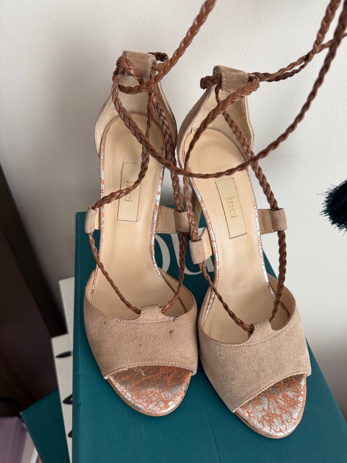 Bej Süet Bağcıklı Stiletto Topuklu Kadın Ayakkabı - Görsel 3