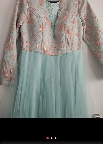 Uzun Turkuaz İşlemeli Kadın abiye - Görsel 3