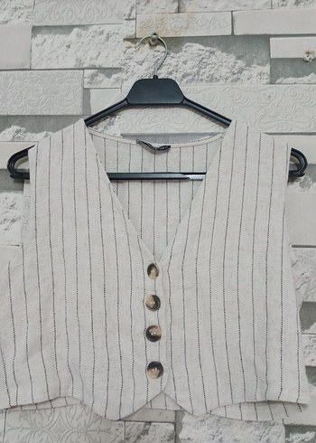 Çizgili Bej Keten Kolsuz Mini Yelek - Görsel 2