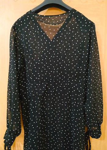 Uzun Kollu Siyah Puantiyeli Uzun Elbise - Görsel 3