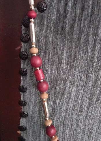 Bordo tahta Boncuklu sari metal Bohem Uzun Kolye - Görsel 2