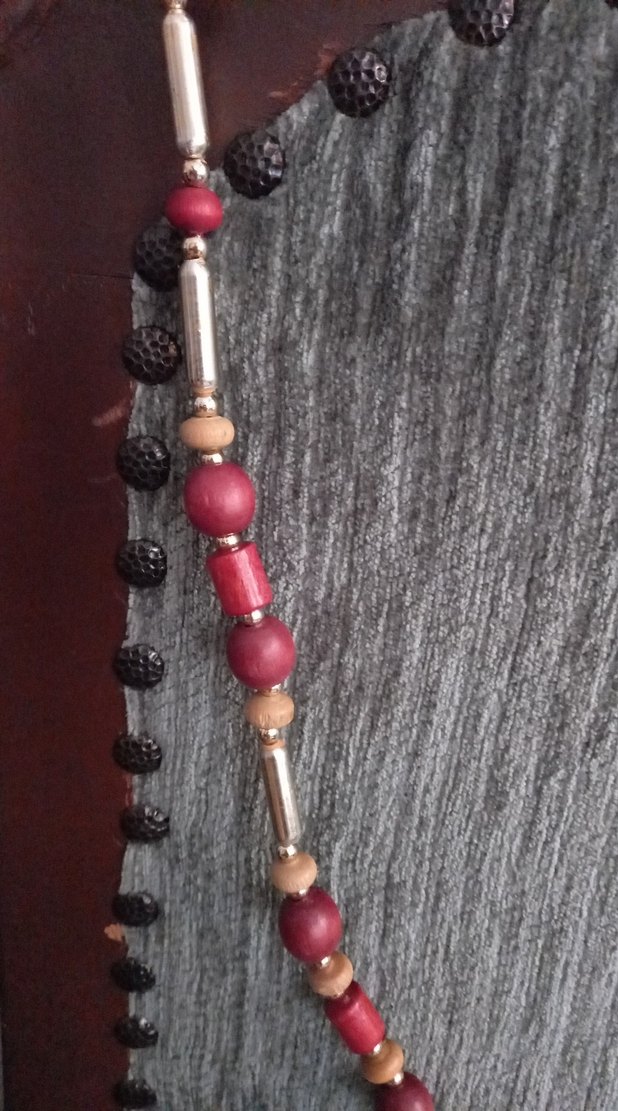 Bordo tahta Boncuklu sari metal Bohem Uzun Kolye - Görsel 2