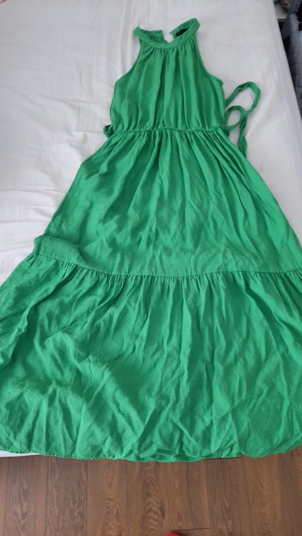 Yeşil Uzun Keten Elbise - Görsel 2