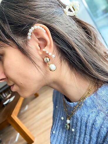 Beden beyaz Renk İnci Detaylı Kıkırdak Earcuff