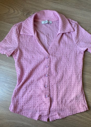 Düğmeli Pembe Kısa Kollu Keten Bluz