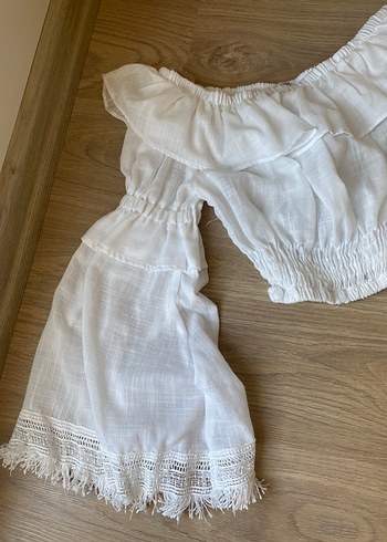 xs Beden Beyaz Keten Bohem Kısa Bluz