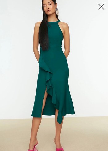 Drapeli Yeşil Midi Abiye Elbise - Görsel 5