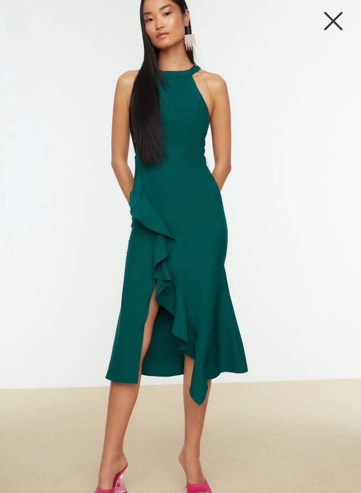 Drapeli Yeşil Midi Abiye Elbise - Görsel 5