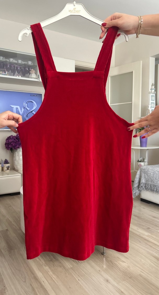 Düğmeli Kırmızı Midi Kadın Salopet - Görsel 2