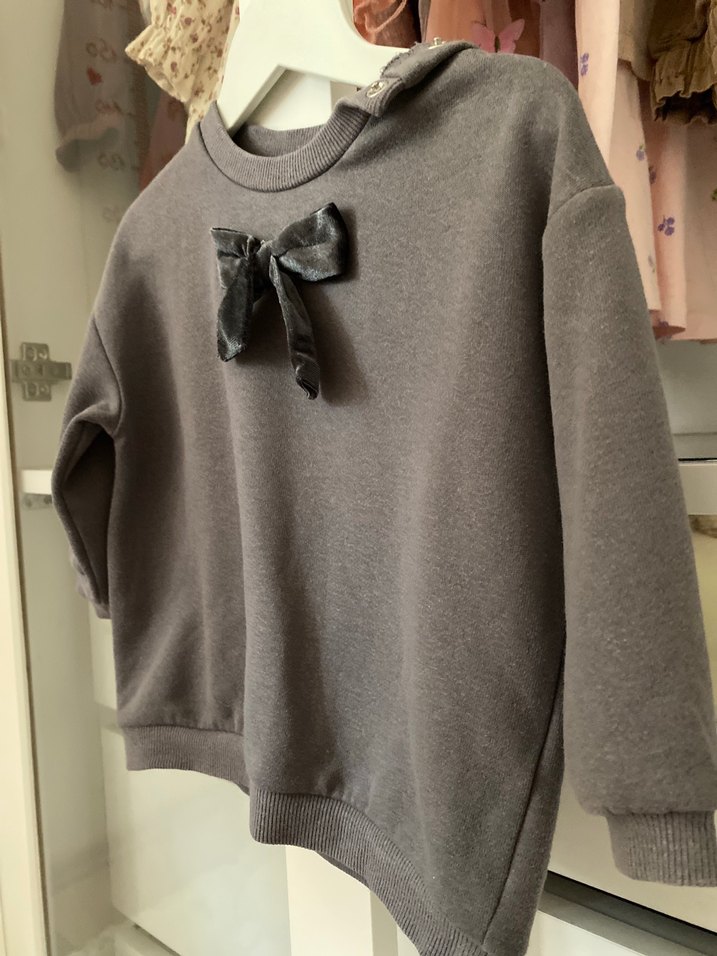 9-12 ay Kız Çocuk Gri Fiyonklu Sweatshirt - Görsel 3