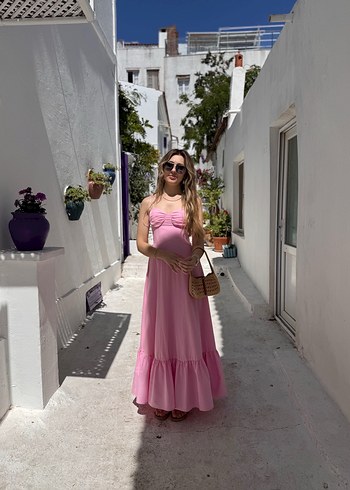 Pembe Bohem Uzun Straplez Elbise