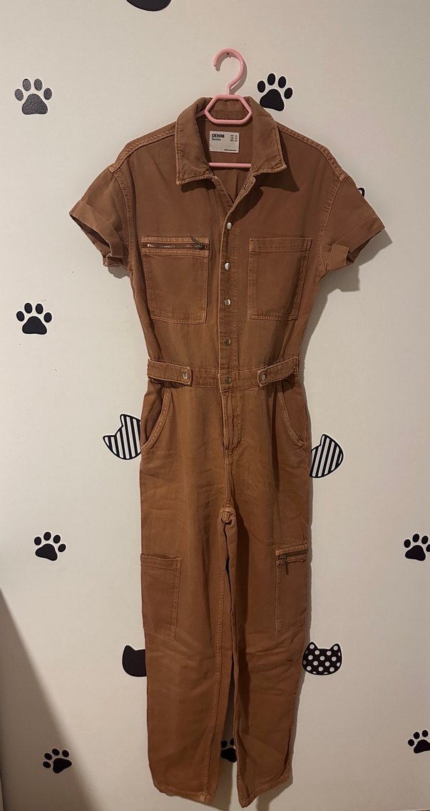 Düğmeli kiremit rengi jean tulum - Görsel 2